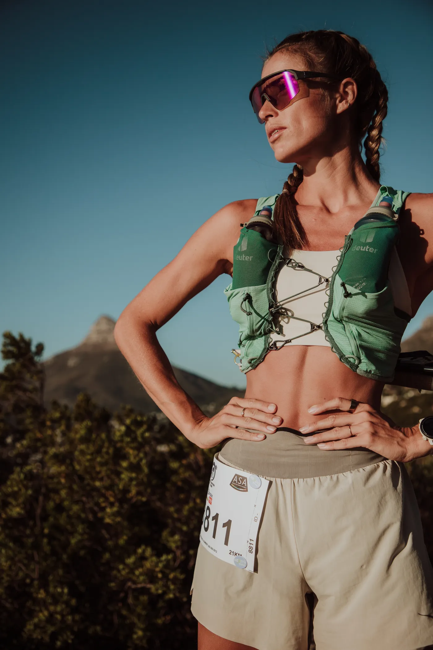 Trail runner wearing a race bib